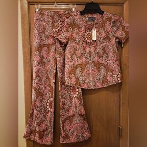 Anthropologie Pink/Orange/Metallic Shimmer Pants & Top - XS